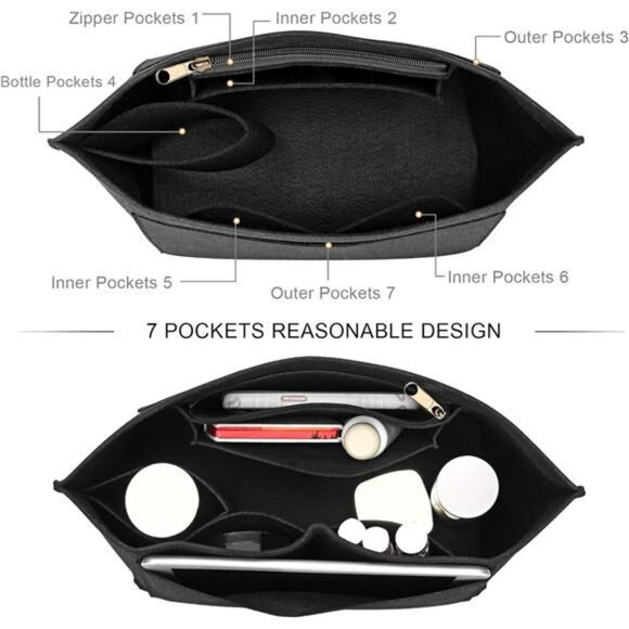 Large Black Felt Tote Bag Organizer Insert Fits Longchamp Le Pliage Handbag - Picture 6 of 7